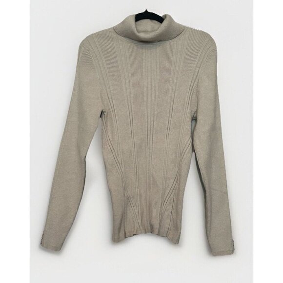White House Black Market Beige Ribbed Stretch Long Sleeve Turtleneck Sweater XL - Picture 1 of 7